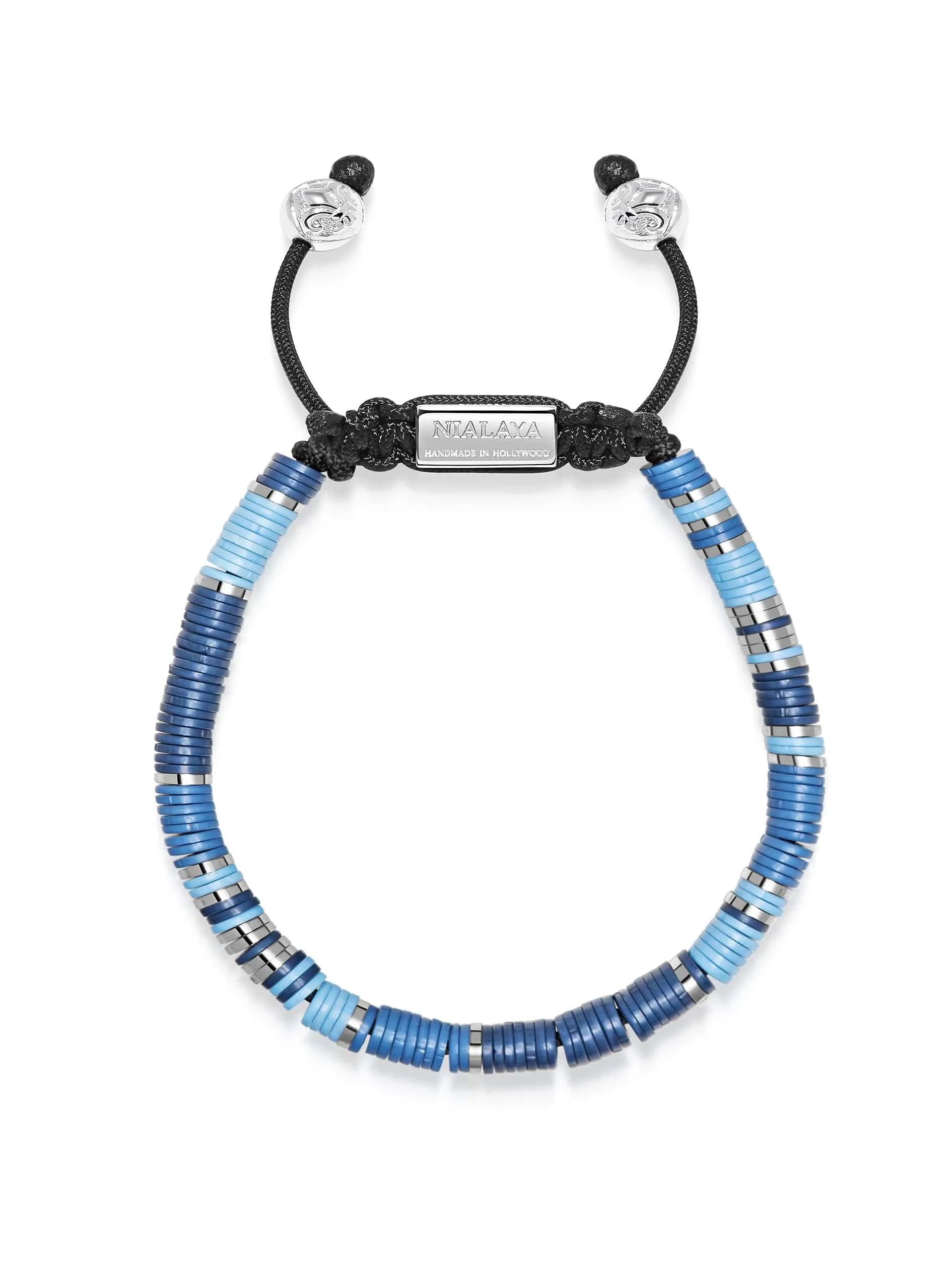 Nialaya Men's Beaded Bracelet with Light Blue and Silver Disc Beads
