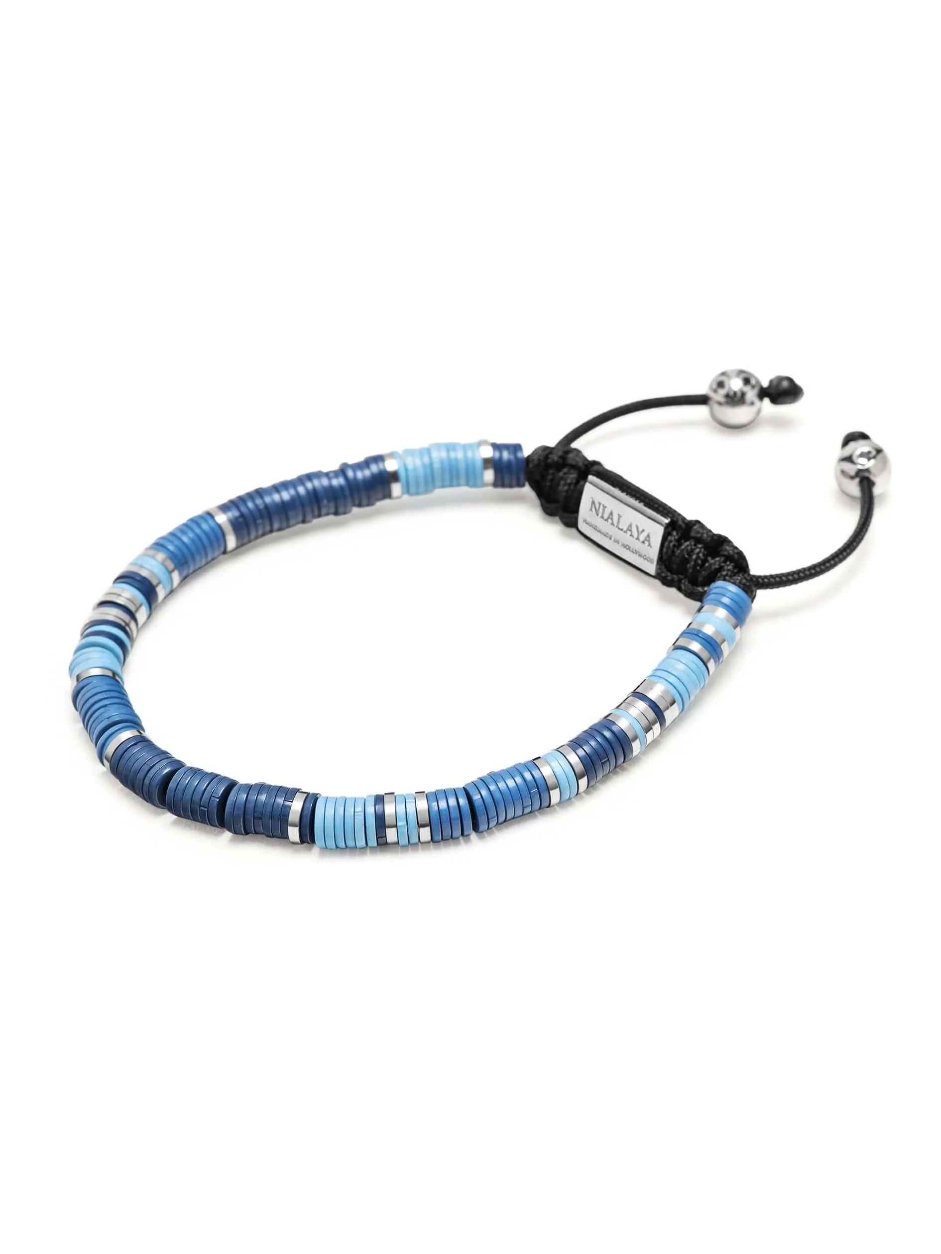 Nialaya Men's Beaded Bracelet with Light Blue and Silver Disc Beads