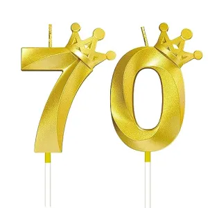 Number 70 Birthday Candle 3D Crown Designed 70th Cake Topper Decorations for Seventy Year Old Happy Birthday Candles Anniversaries (Crown-70, Gold)