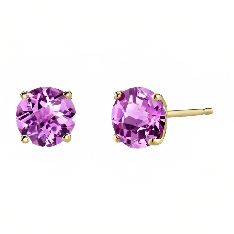 Paris Jewelry 18k Yellow Gold 2 Pair Created Pink Sapphire 4mm Round & Princess Cut Stud Earrings Plated