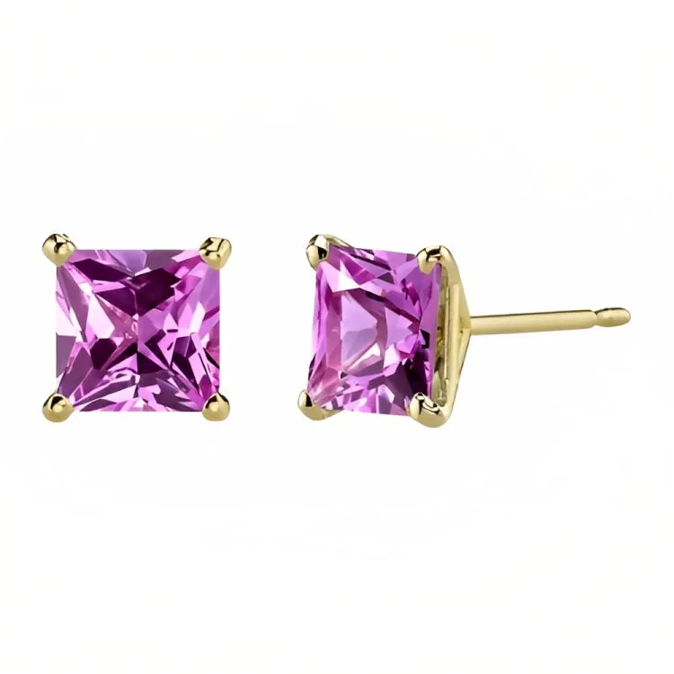 Paris Jewelry 18k Yellow Gold 2 Pair Created Pink Sapphire 4mm Round & Princess Cut Stud Earrings Plated