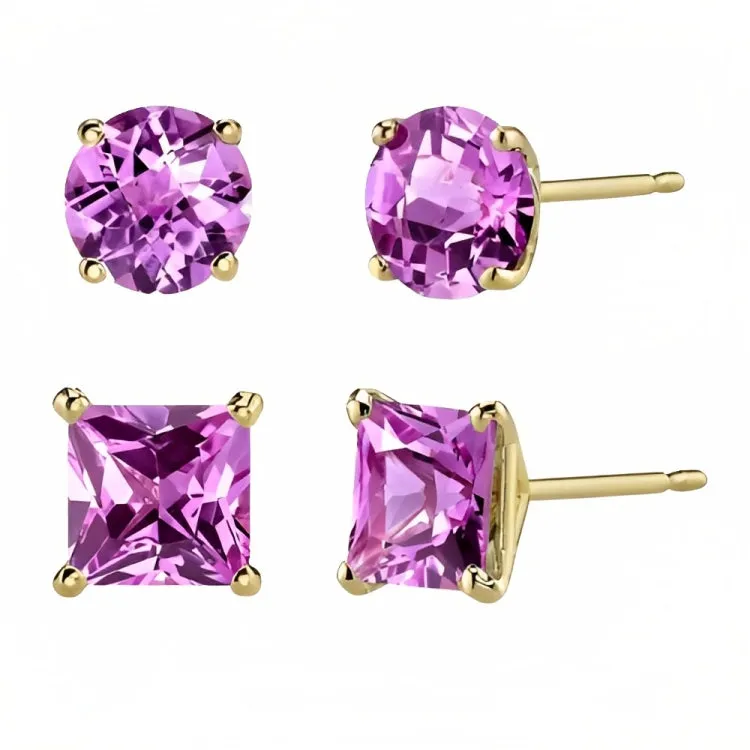 Paris Jewelry 18k Yellow Gold 2 Pair Created Pink Sapphire 4mm Round & Princess Cut Stud Earrings Plated