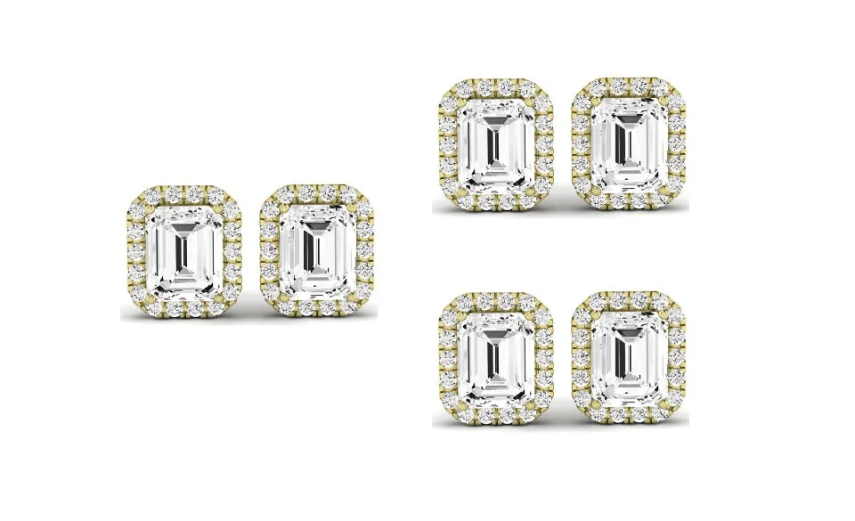 Paris jewelry 18k Yellow Gold 4mm 4Ct Emerald Cut White Sapphire Set Of Three Halo Stud Earrings Plated