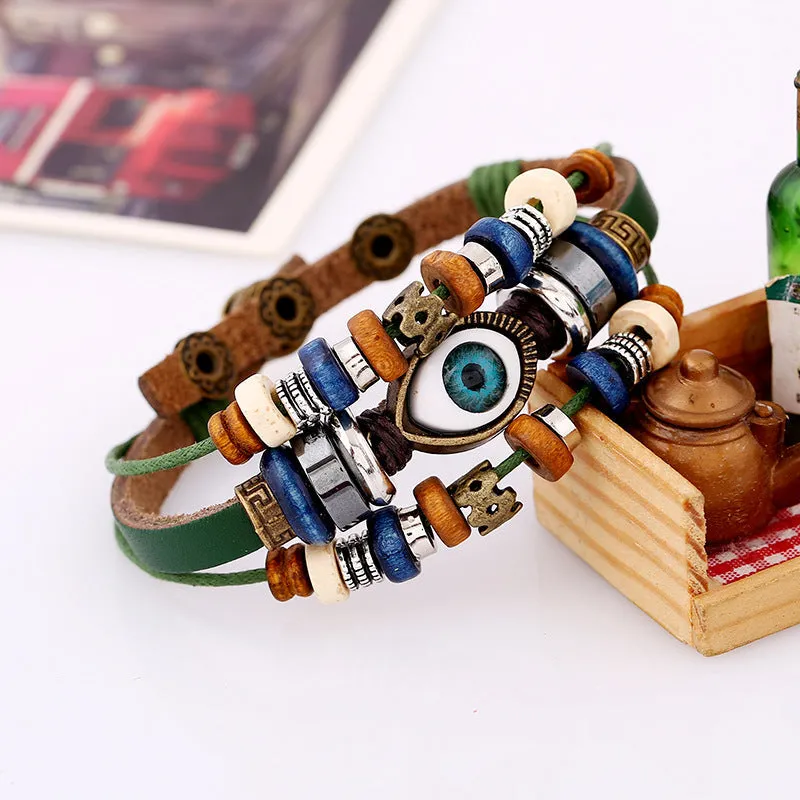 Popular Ornament New Beaded Eyes Cattle Leather Bracelet Pull-out Adjustable Couple Leather Bracelet