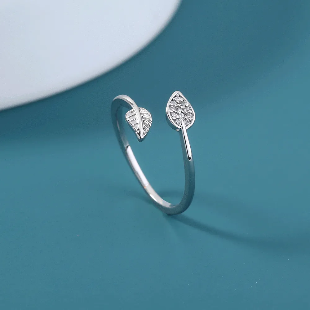 R656 - Inlaid Zircon Adjustable Silver Leaf Ring