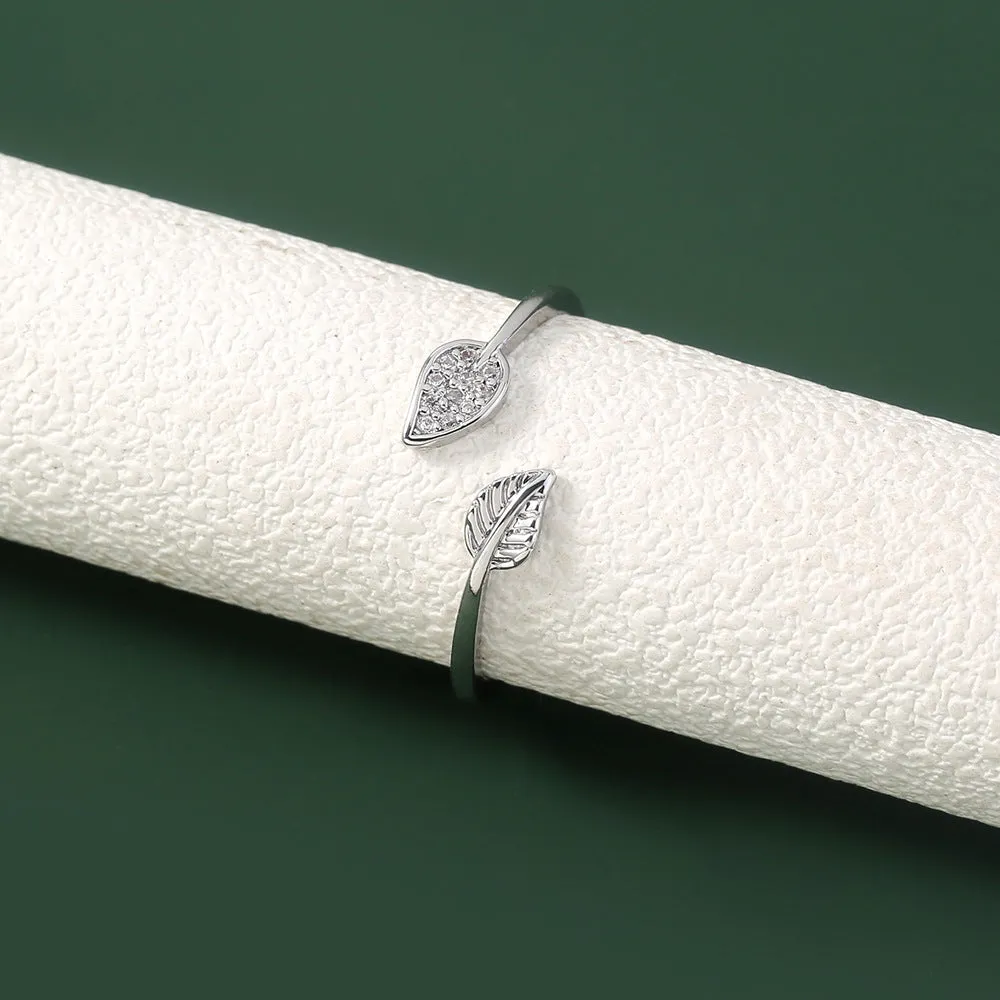 R656 - Inlaid Zircon Adjustable Silver Leaf Ring