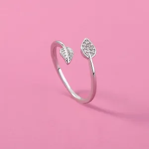 R656 - Inlaid Zircon Adjustable Silver Leaf Ring