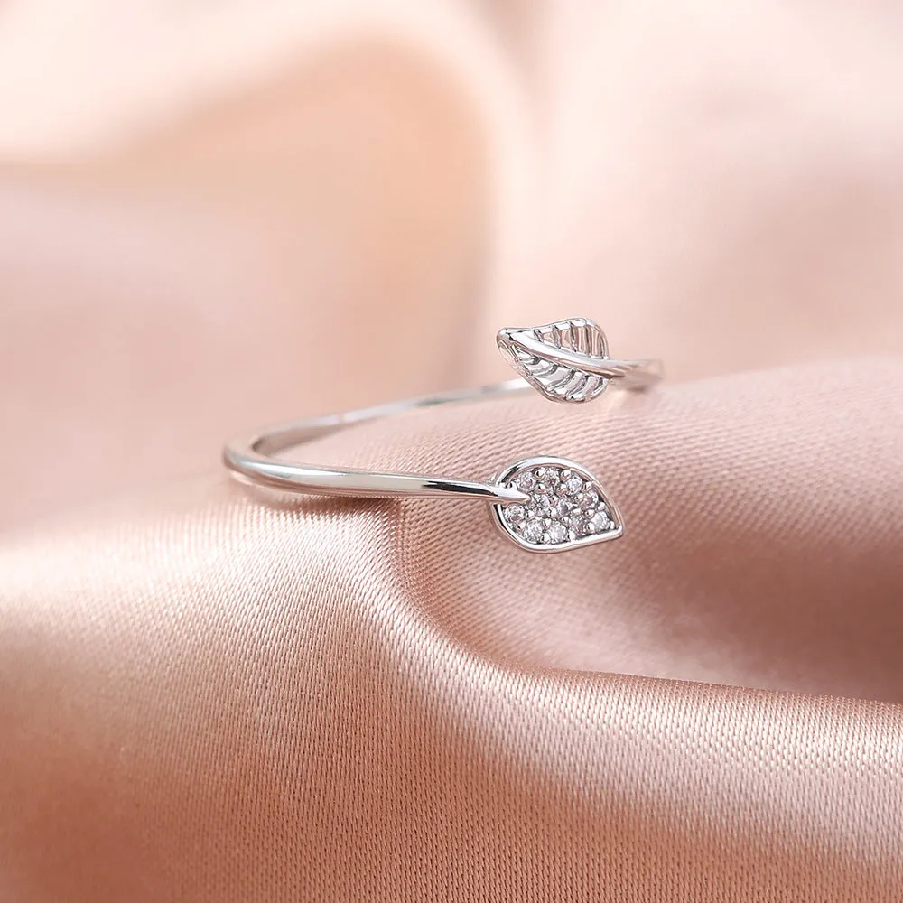 R656 - Inlaid Zircon Adjustable Silver Leaf Ring