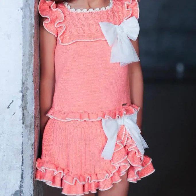 Rahigo - Two Piece Skirt Set With Cream Trim  -  Salmon