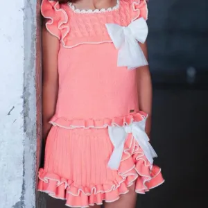 Rahigo - Two Piece Skirt Set With Cream Trim  -  Salmon