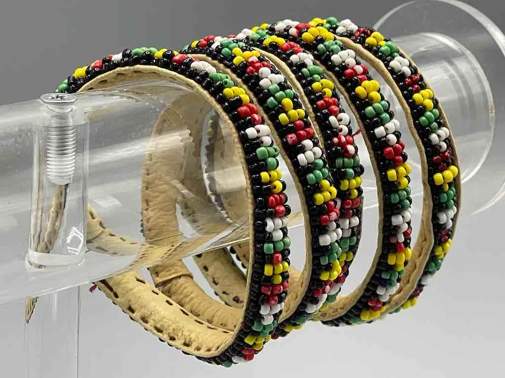 Rasta Design Narrow Black Beaded Leather Bracelet - Mali