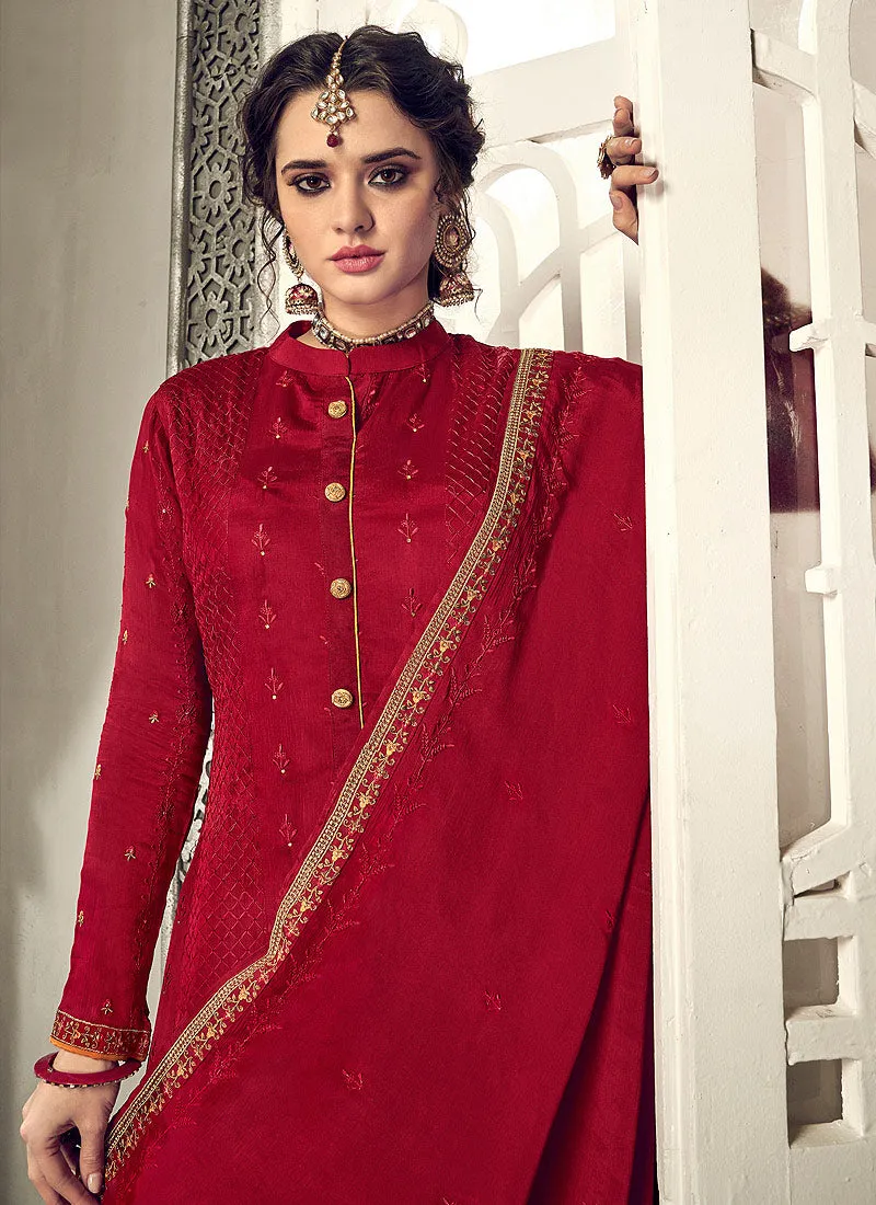 Red Embroidered Designer Palazzo Suit