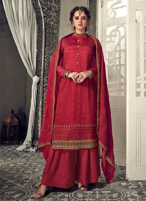 Red Embroidered Designer Palazzo Suit