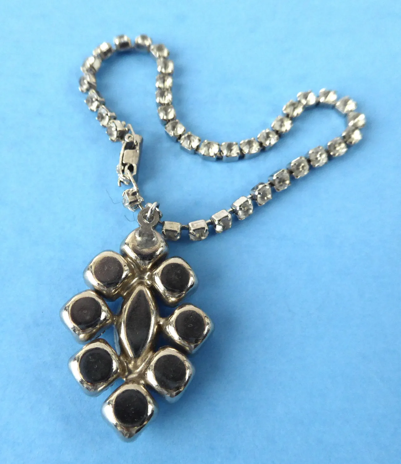 Rhinestone Bracelet Hand Prong Set Rhinestone Links Chain With Pendant 1950s