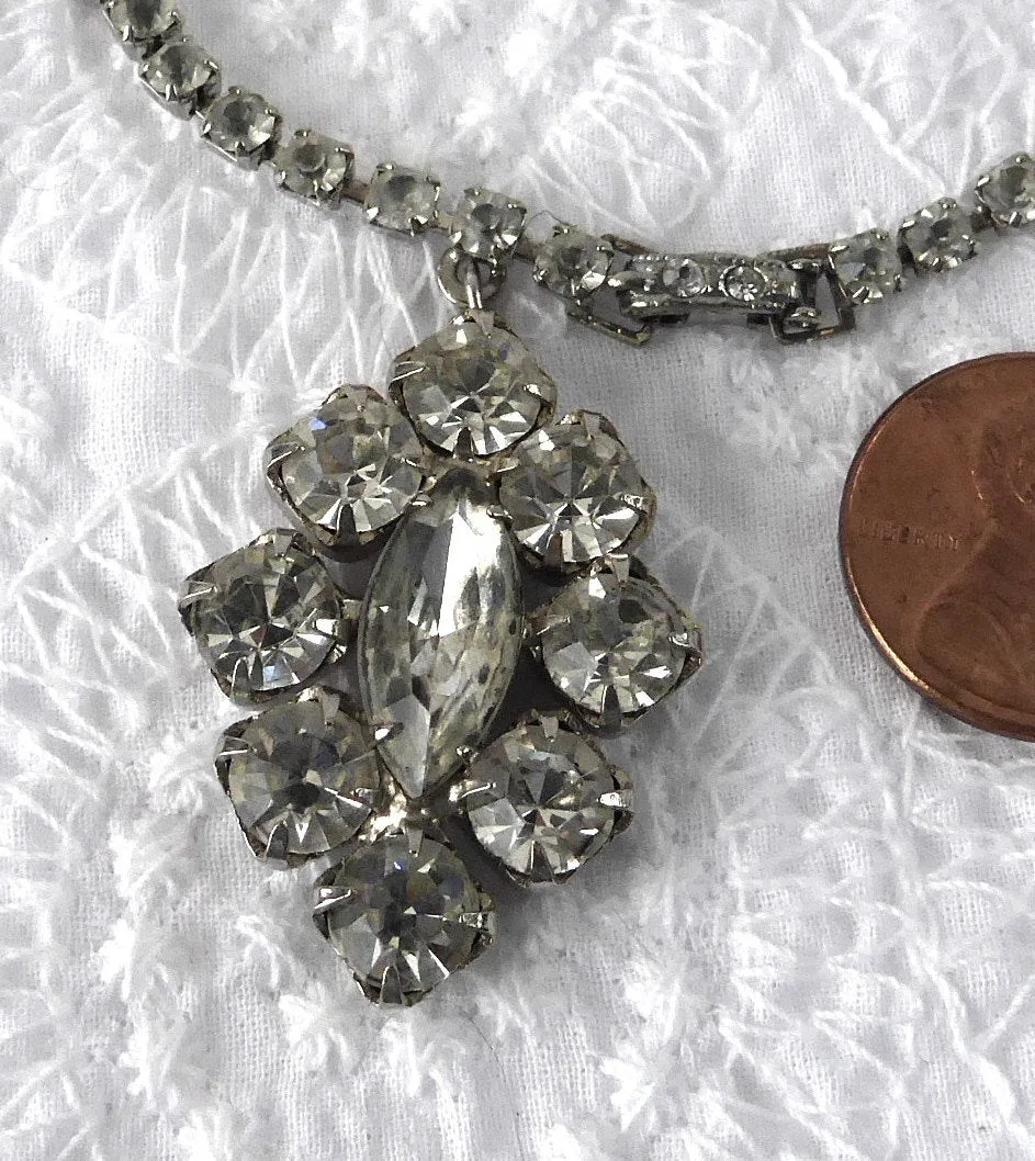 Rhinestone Bracelet Hand Prong Set Rhinestone Links Chain With Pendant 1950s