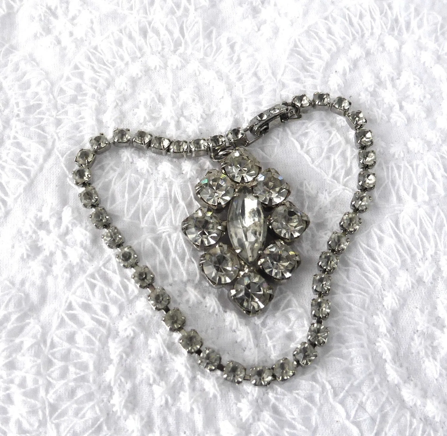 Rhinestone Bracelet Hand Prong Set Rhinestone Links Chain With Pendant 1950s
