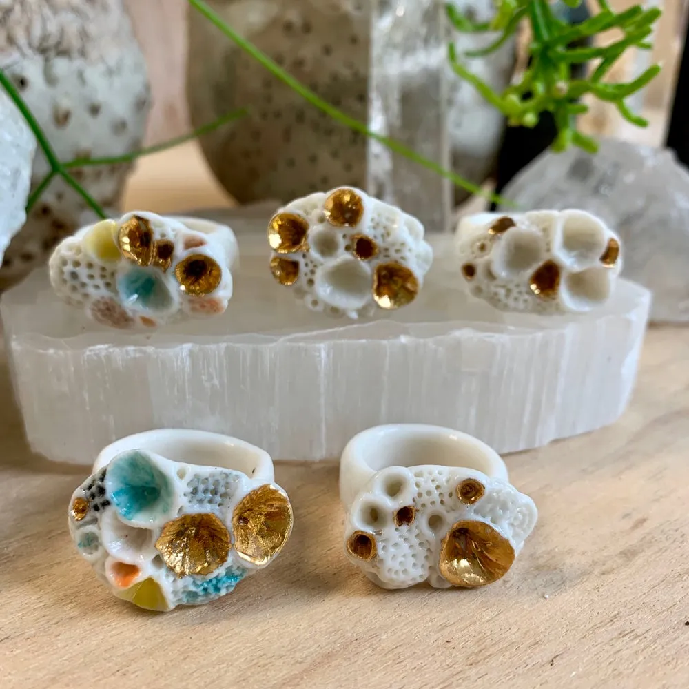 ‘Rock coral’ ring, White w/ colour and gold lustre, choose one