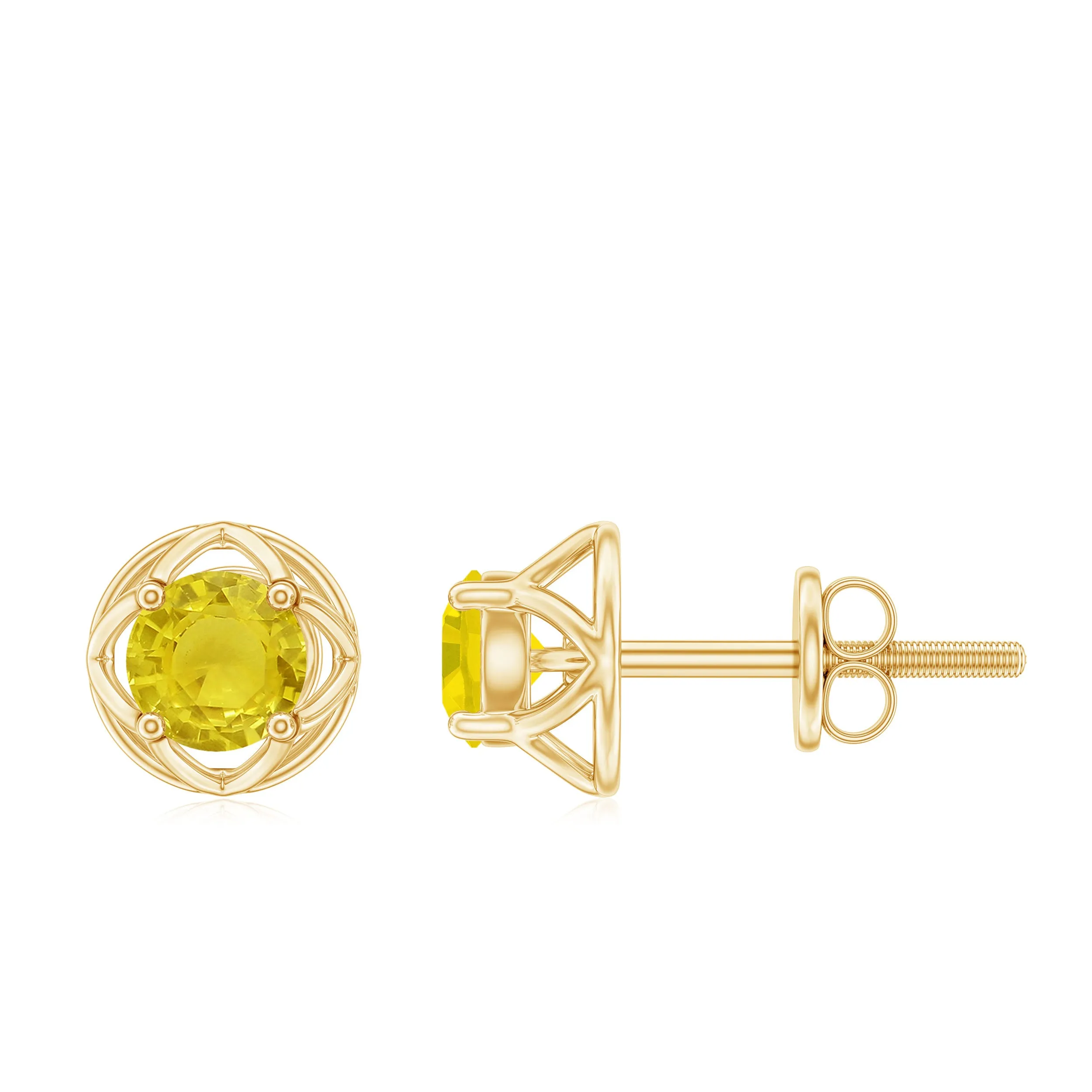 Round Shape Solitaire Yellow Sapphire Flower Stud Earrings