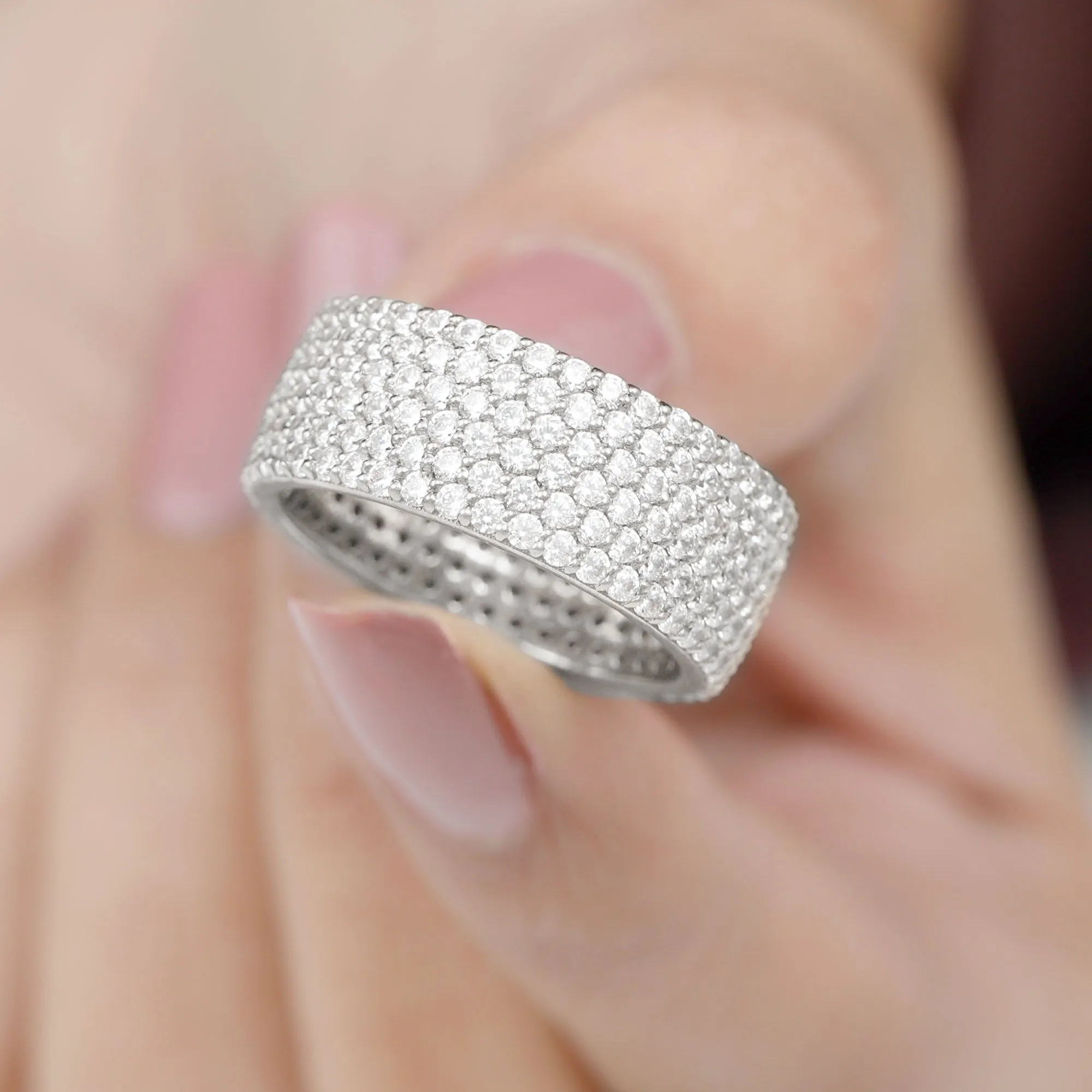 Round Zircon Cluster Wide Wedding Band Ring in Pave Setting