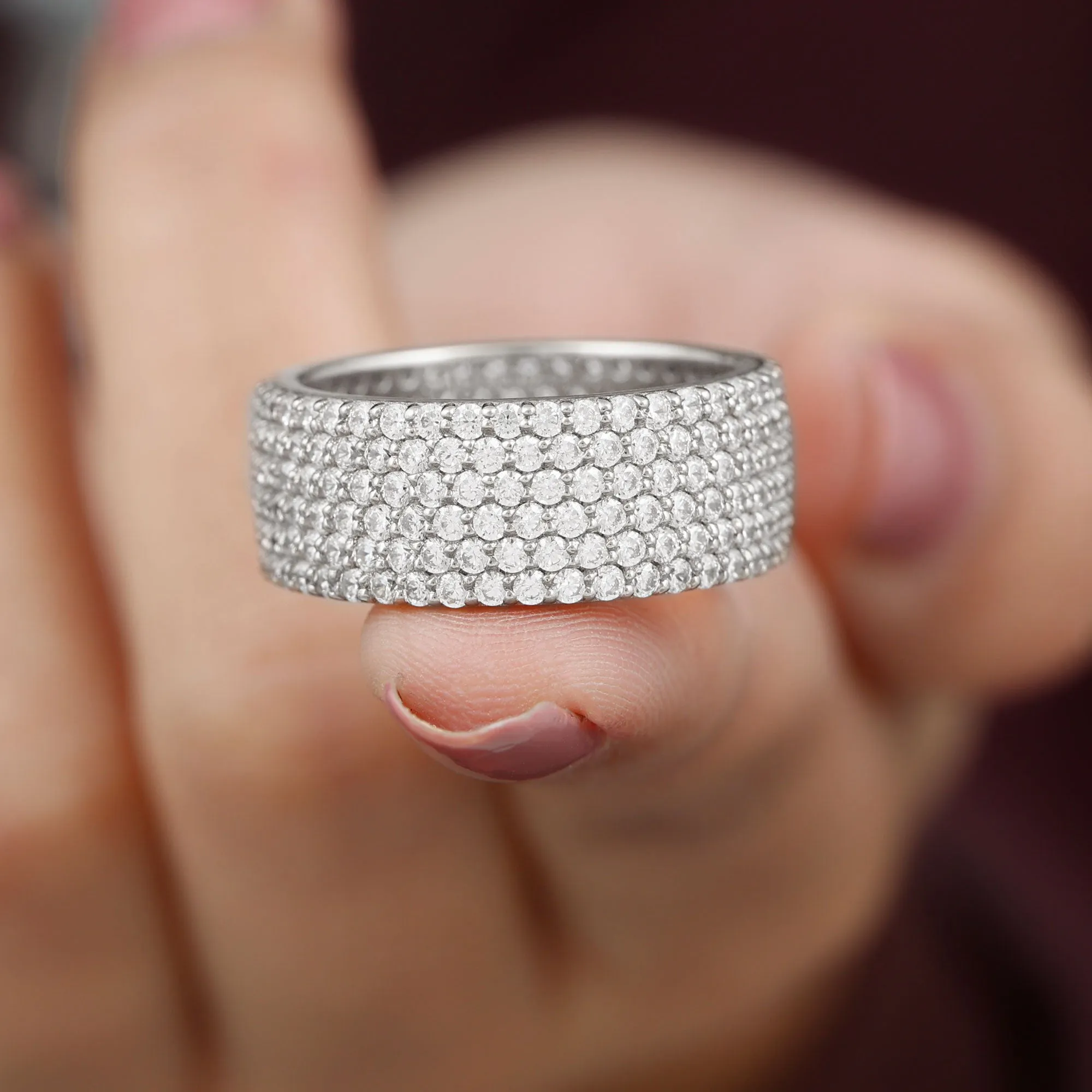 Round Zircon Cluster Wide Wedding Band Ring in Pave Setting