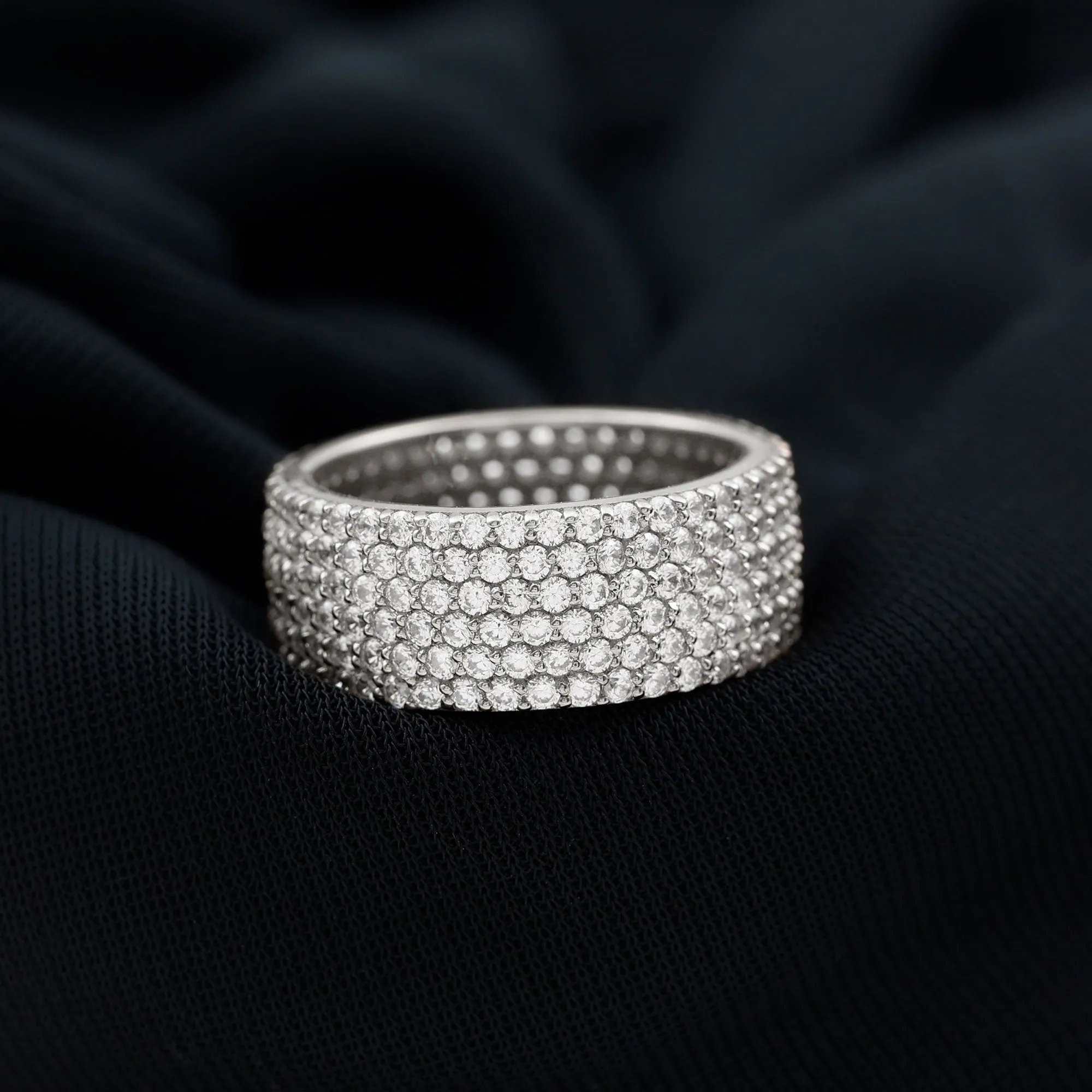 Round Zircon Cluster Wide Wedding Band Ring in Pave Setting