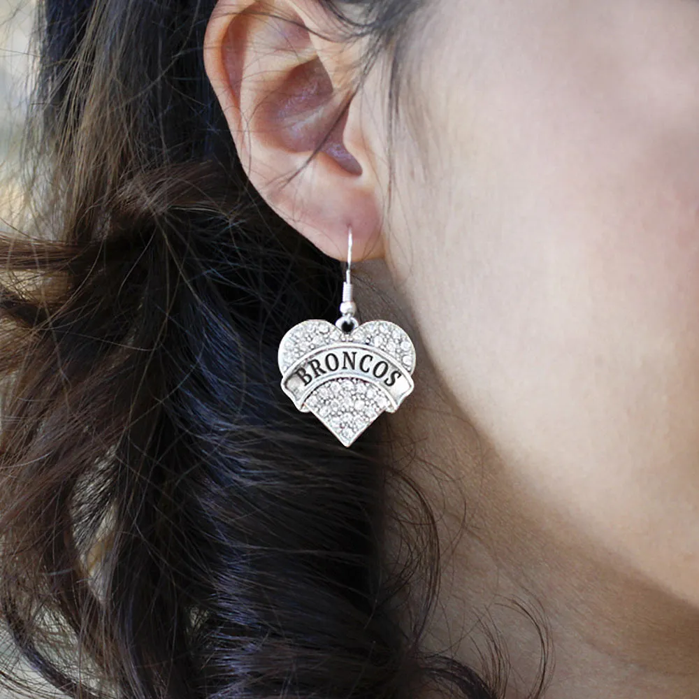 Silver Broncos Pave Heart Charm Dangle Earrings