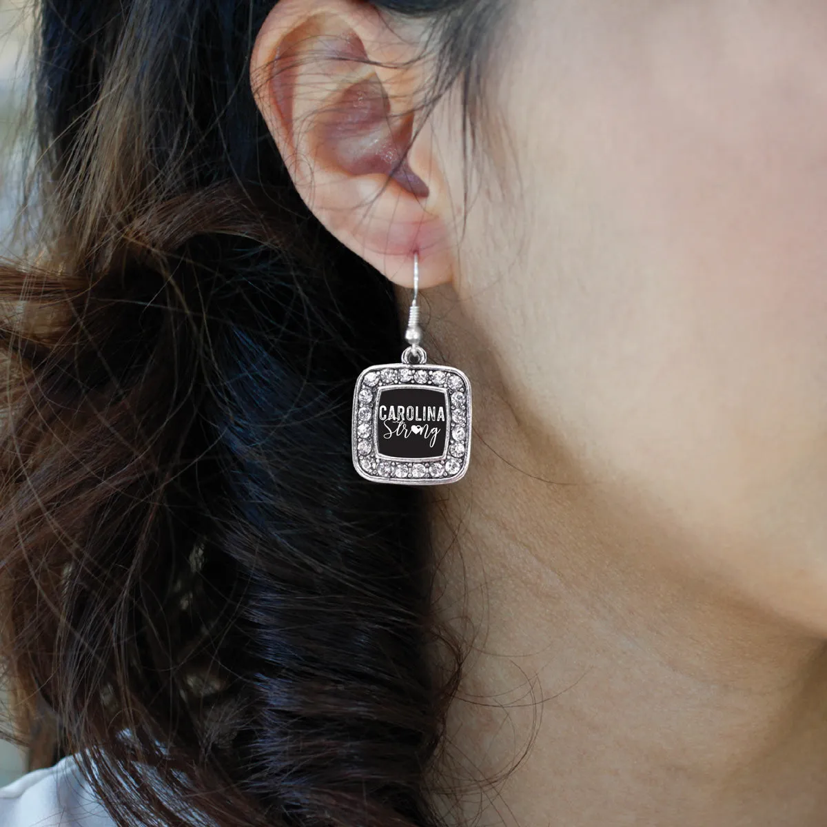 Silver Carolina Strong Square Charm Dangle Earrings