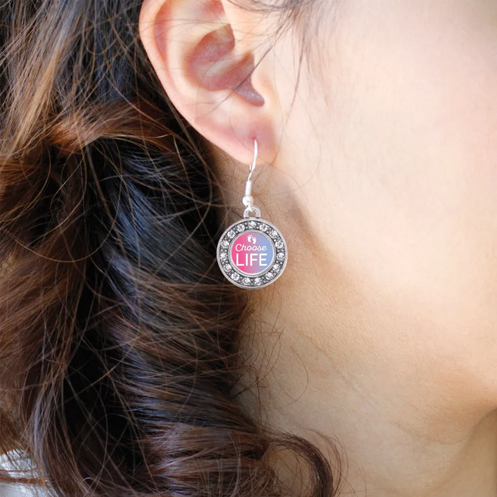 Silver Choose Life Circle Charm Dangle Earrings