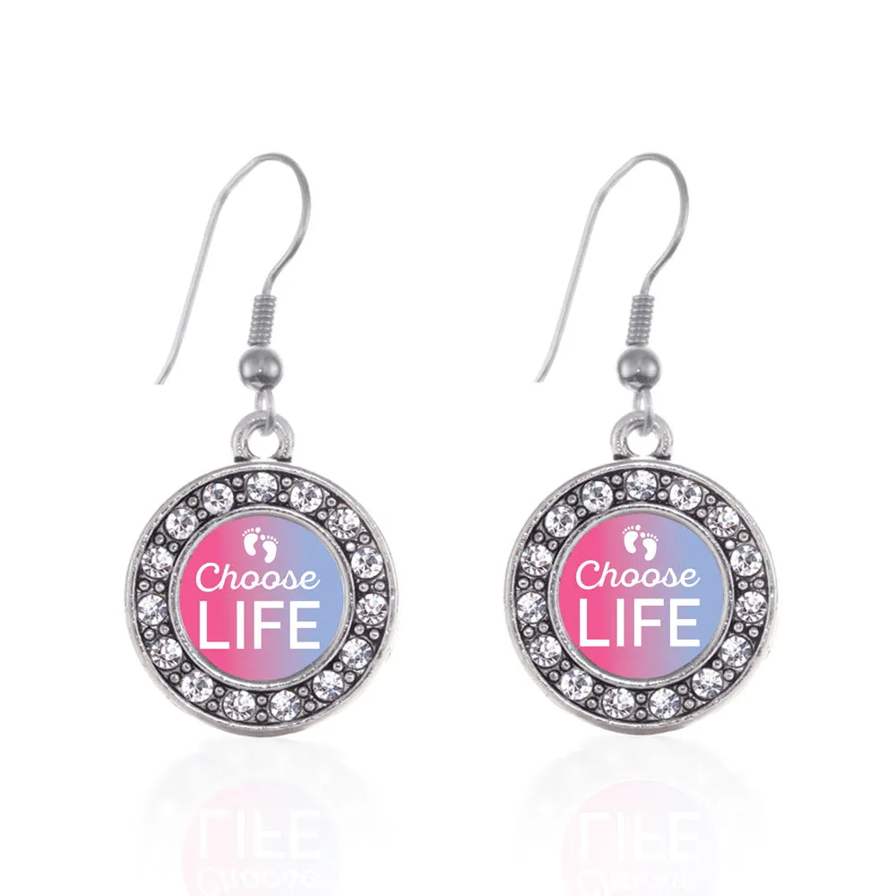 Silver Choose Life Circle Charm Dangle Earrings