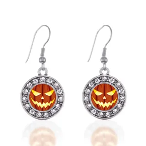 Silver Grinning Pumpkin Circle Charm Dangle Earrings