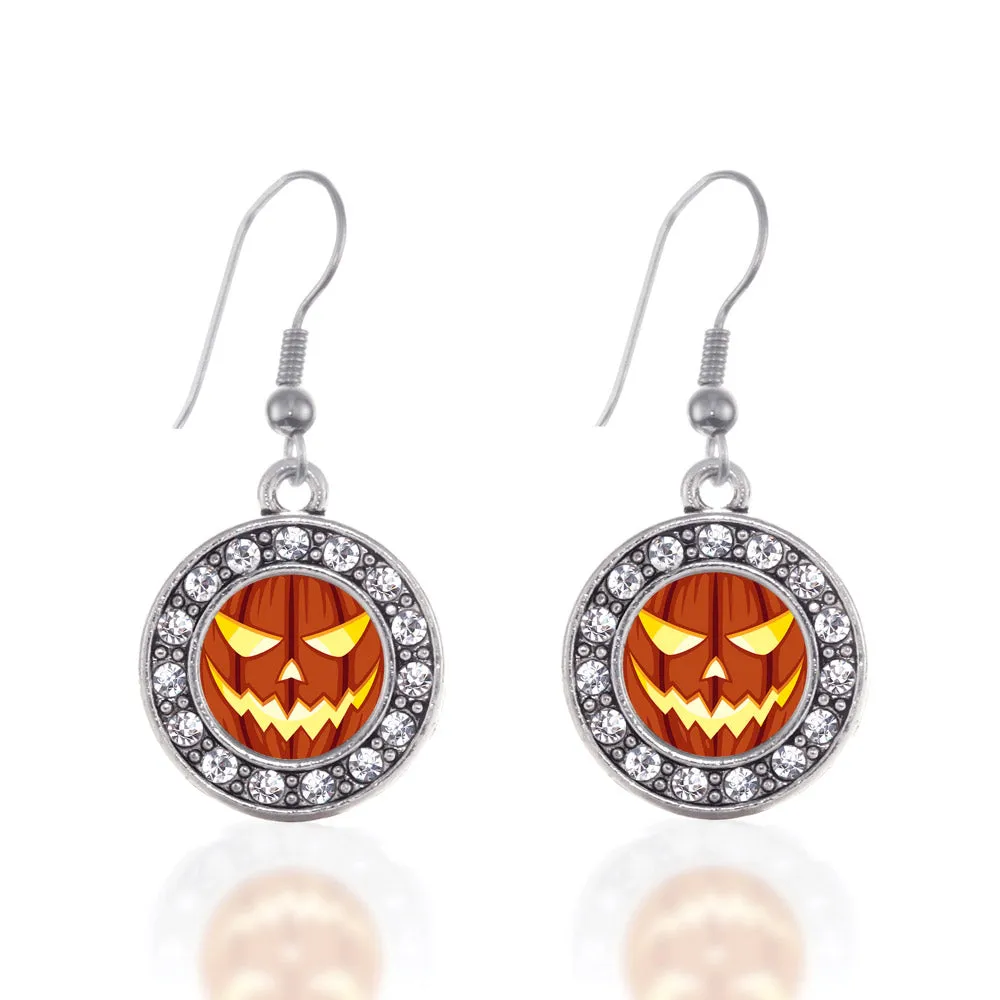 Silver Grinning Pumpkin Circle Charm Dangle Earrings