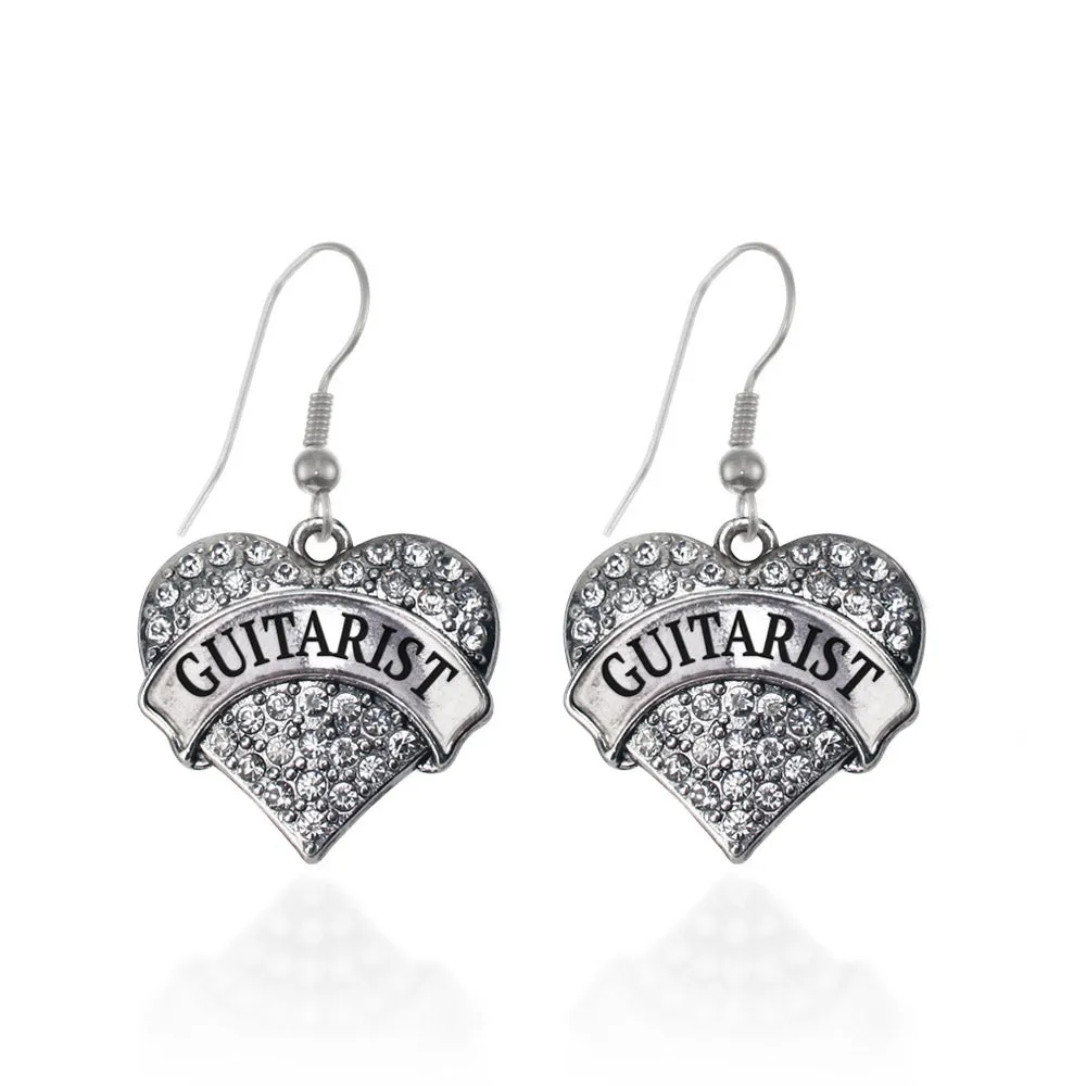 Silver Guitarist Pave Heart Charm Dangle Earrings