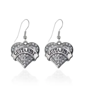 Silver Guitarist Pave Heart Charm Dangle Earrings
