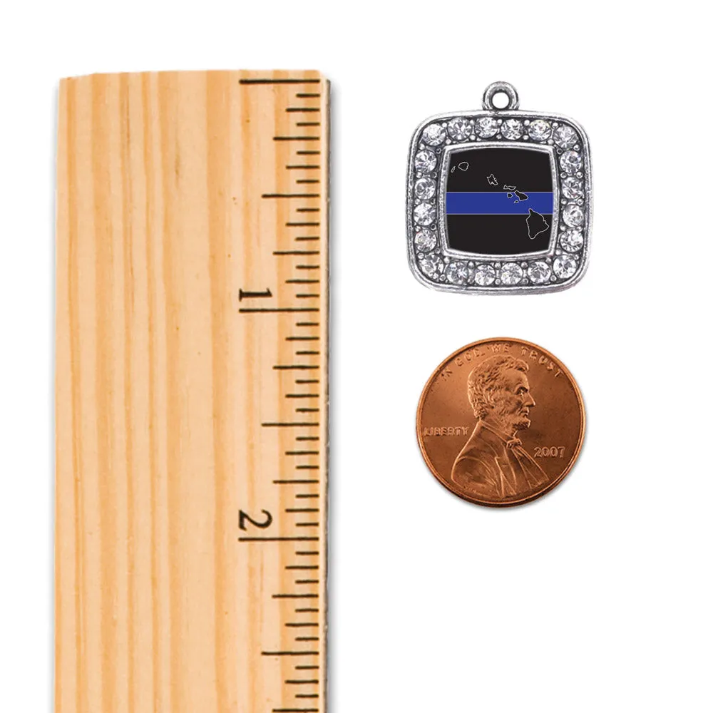 Silver Hawaii Thin Blue Line Square Charm Dangle Earrings