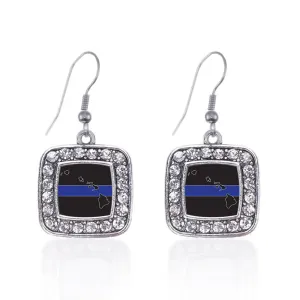 Silver Hawaii Thin Blue Line Square Charm Dangle Earrings