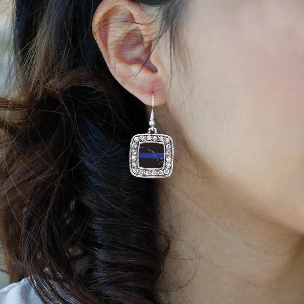 Silver Hawaii Thin Blue Line Square Charm Dangle Earrings