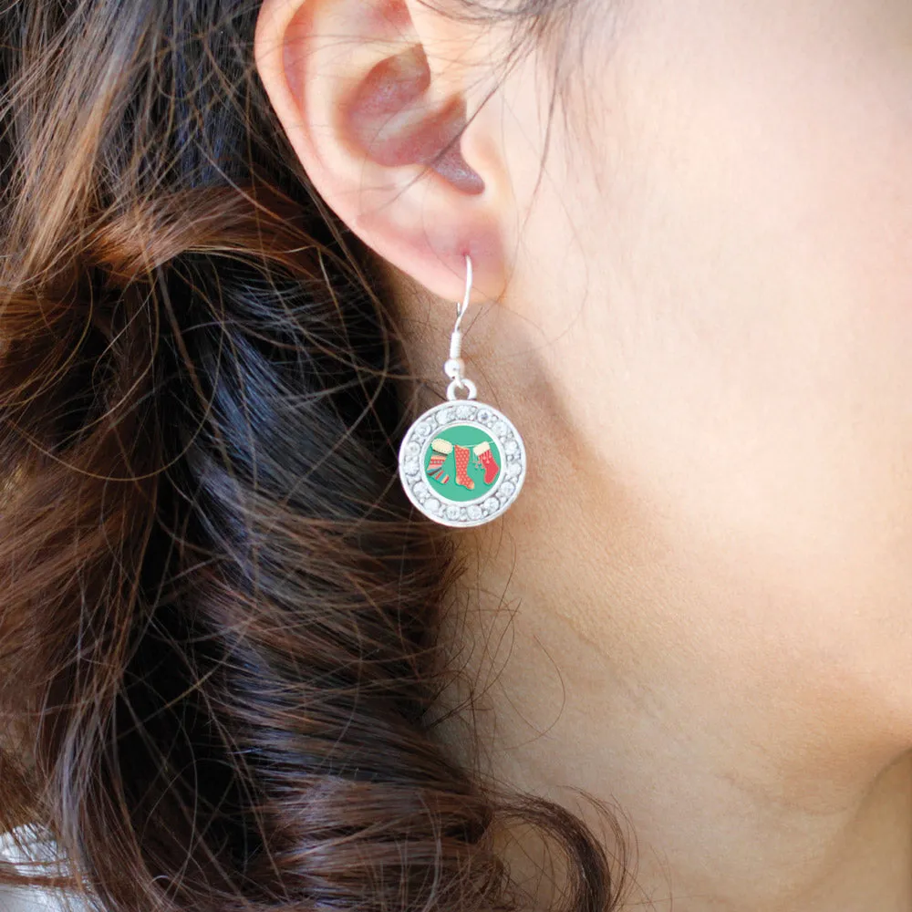 Silver Holiday Stockings Circle Charm Dangle Earrings