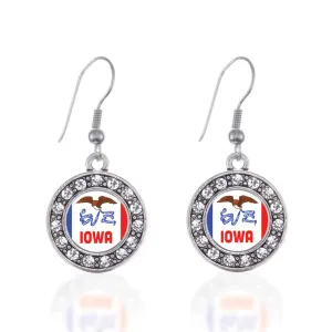 Silver Iowa Flag Circle Charm Dangle Earrings