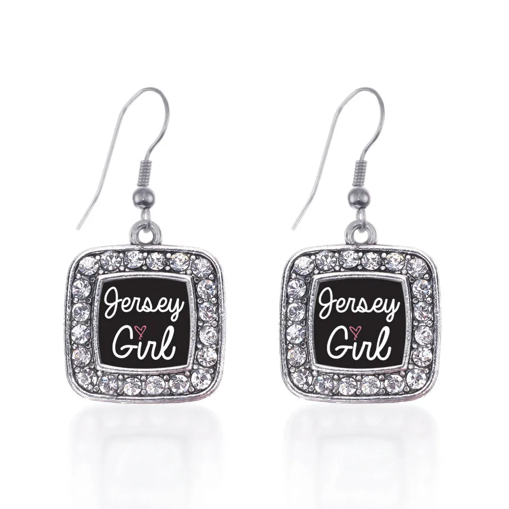 Silver Jersey Girl Square Charm Dangle Earrings