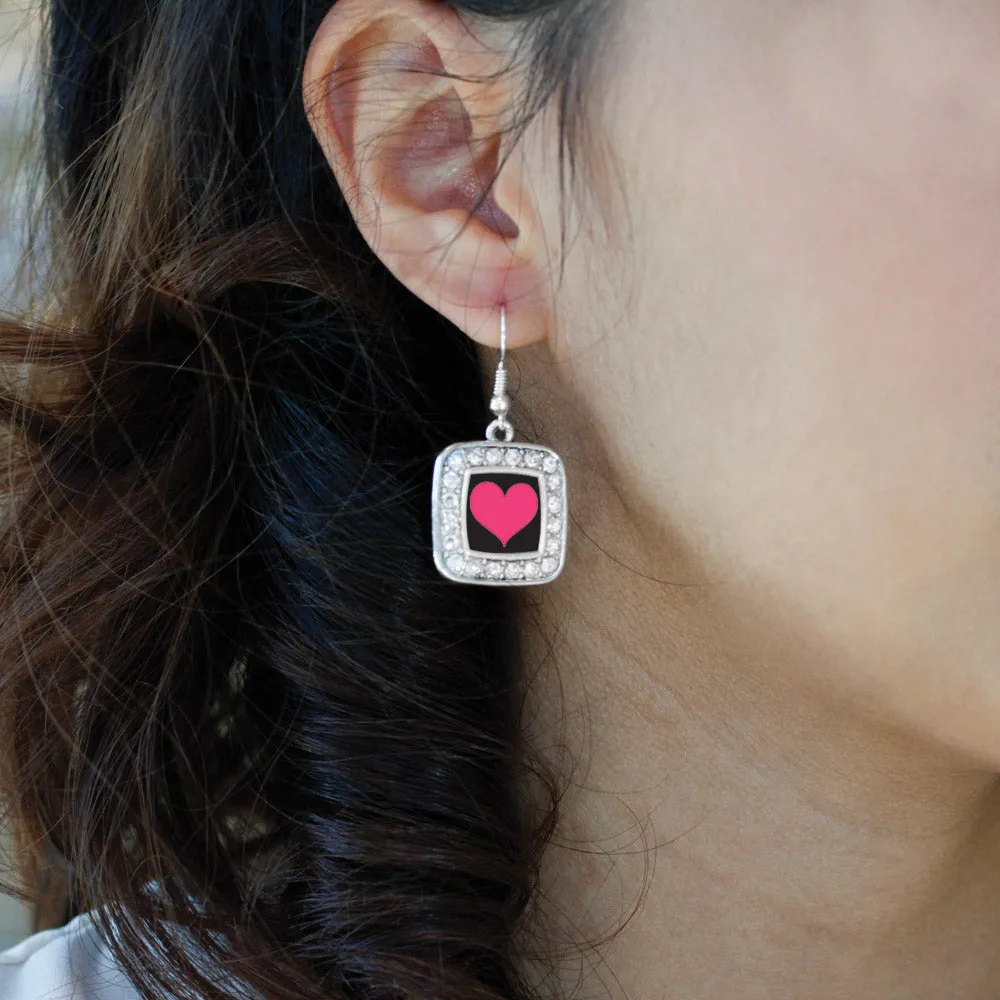Silver Lovers Square Charm Dangle Earrings