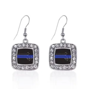 Silver Massachusetts Thin Blue Line Square Charm Dangle Earrings