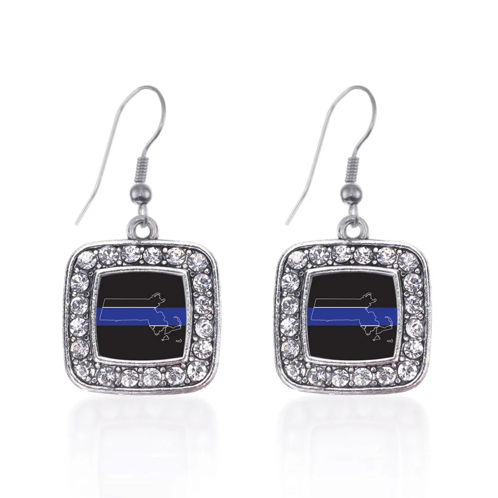 Silver Massachusetts Thin Blue Line Square Charm Dangle Earrings