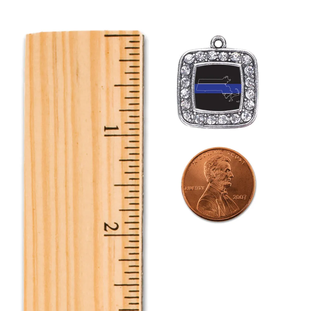Silver Massachusetts Thin Blue Line Square Charm Dangle Earrings