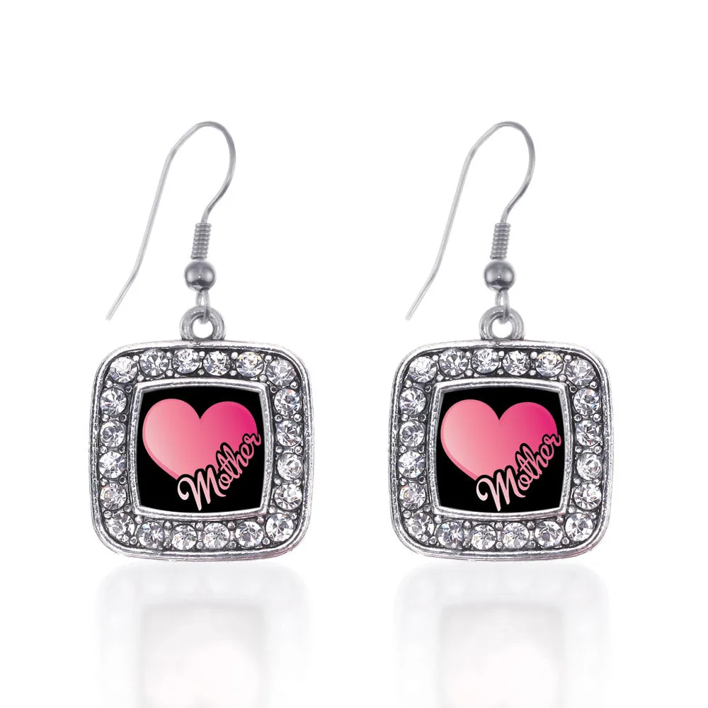 Silver Mother Square Charm Dangle Earrings