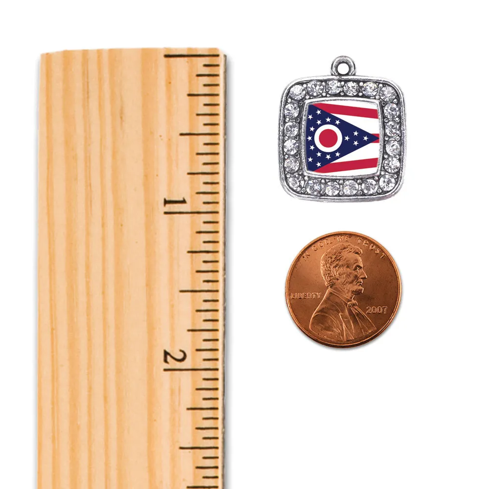 Silver Ohio Flag Square Charm Dangle Earrings