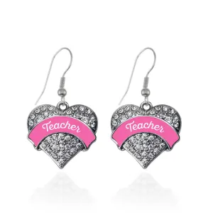 Silver Pink Teacher Pave Heart Charm Dangle Earrings