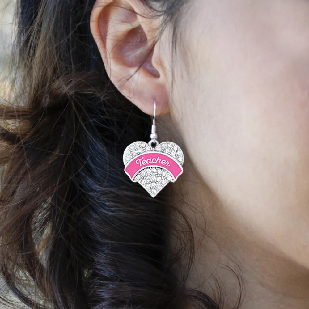 Silver Pink Teacher Pave Heart Charm Dangle Earrings