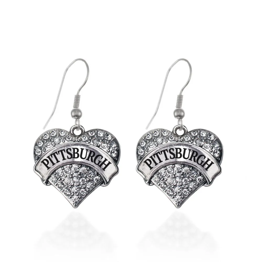 Silver Pittsburgh Pave Heart Charm Dangle Earrings
