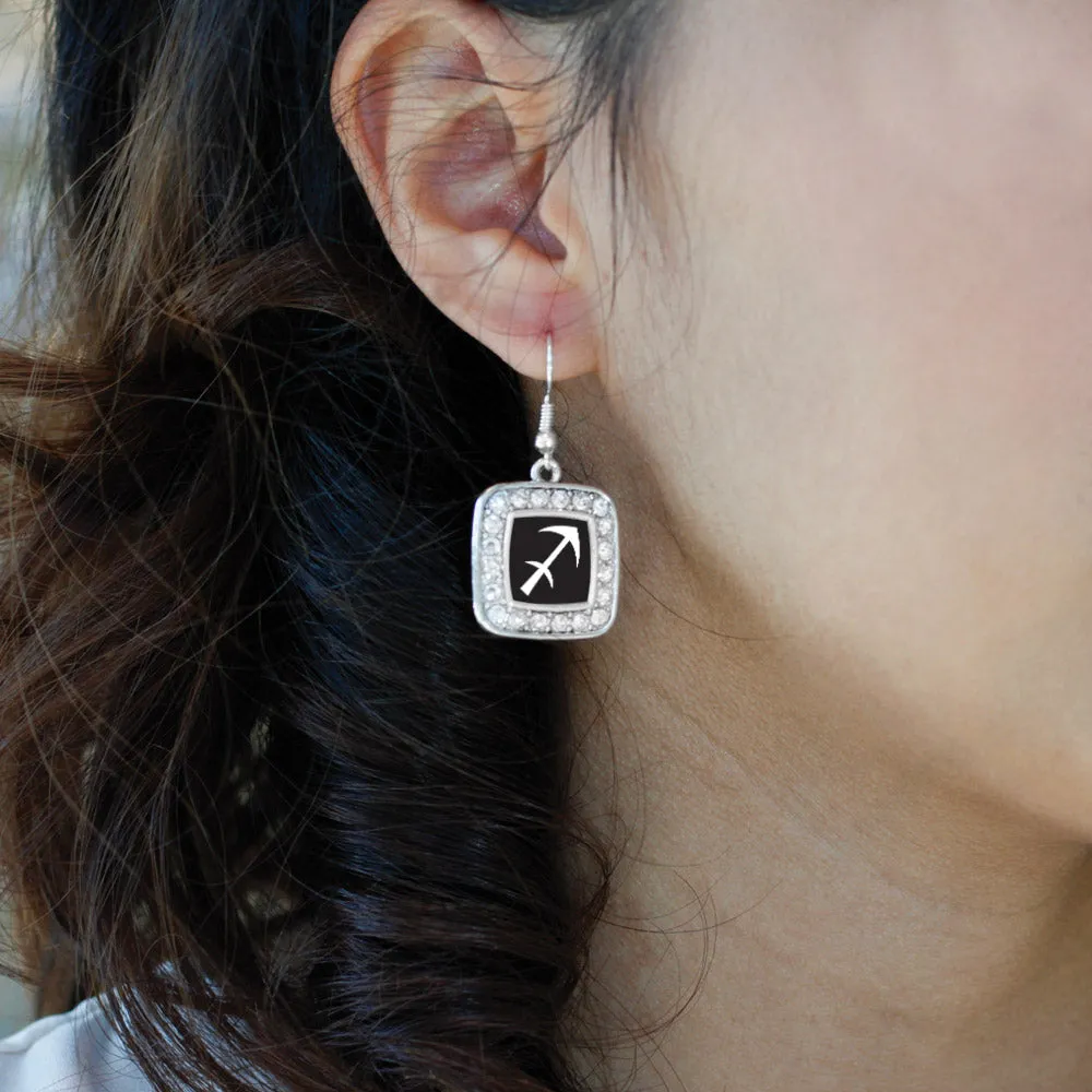 Silver Sagittarius Zodiac Square Charm Dangle Earrings