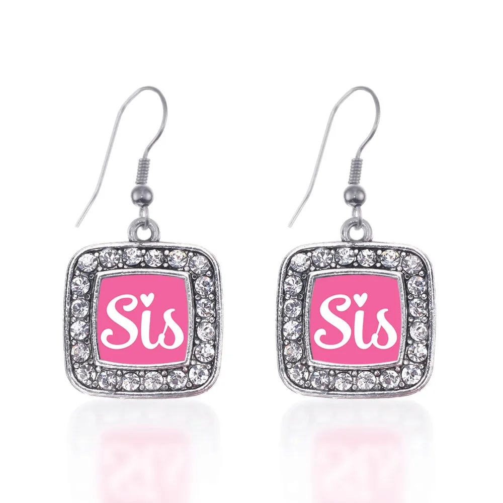 Silver Sis Pink Script Square Charm Dangle Earrings